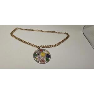 Gold Tone Chain Filigree Floral Enameled Large Pendant Necklace Boho